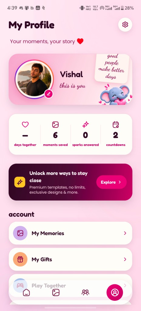 GiftFeels profile with moments, gifts and Plus