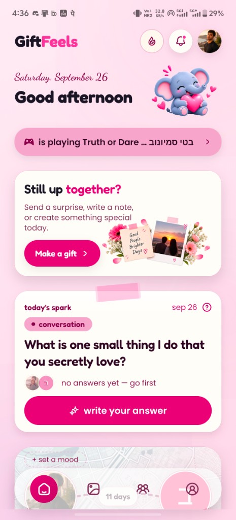 GiftFeels Today screen with a sealed daily question
